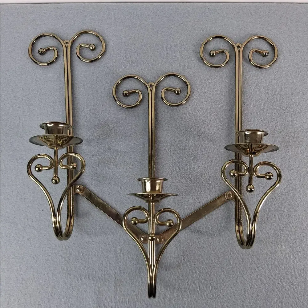 Home Interiors Brass Tone Triple Arm Candle Wall Sconce Adjustable Positioning